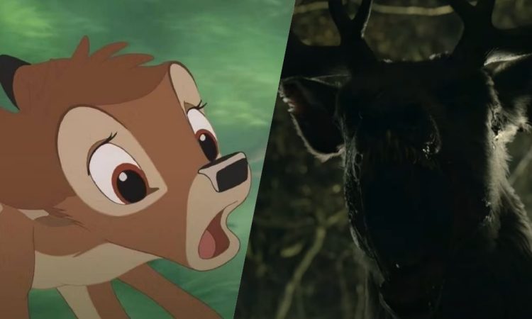 un frame di Bambi e la sua controparte horror