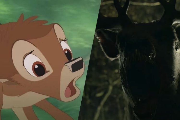 un frame di Bambi e la sua controparte horror