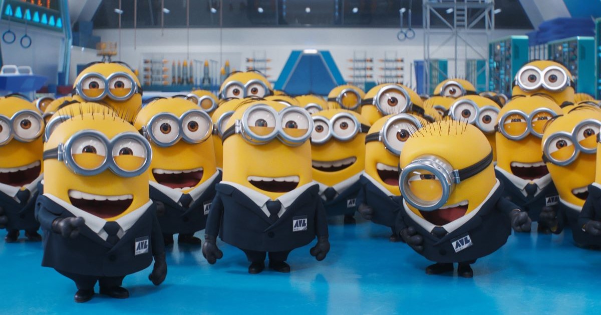 una fila di Minions in giacca e cravatta